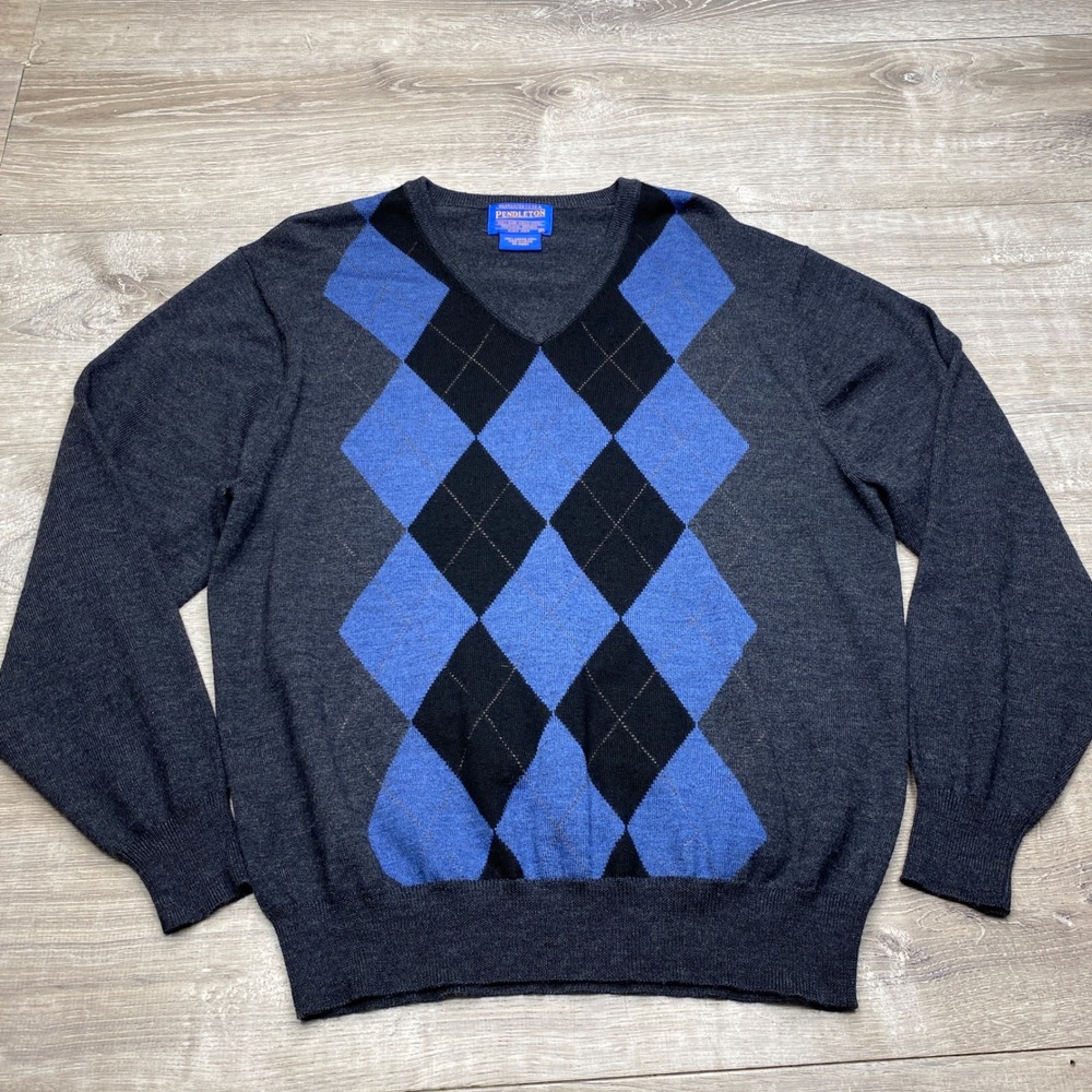 Pendleton Argyle Sweater Mens S‎ Gray Blue Merino Wool V-Neck Pullover Casual